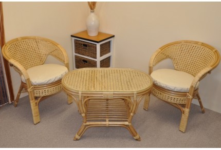 Ratanová sedací souprava Kina malá medová stolek ovál, polstry béžový melír