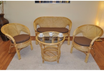 Ratanová sedací souprava Kina velká kulatý stolek, polstry hnědý melír