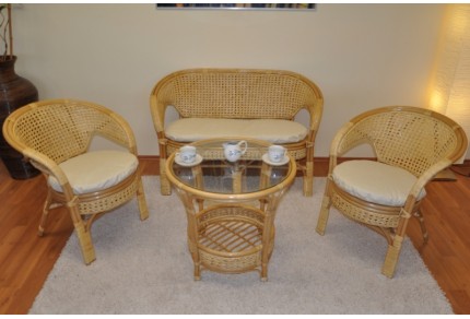 Ratanová sedací souprava Kina velká kulatý stolek, polstry béžový melír